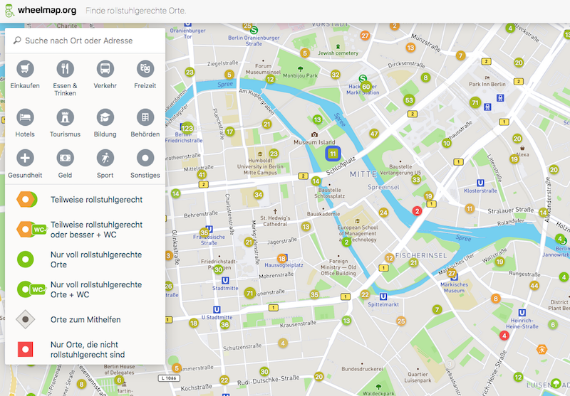 A screenshot of a website Wheelmap, which shows wheelchair accessible locations in Berlin